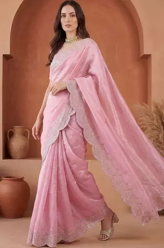 Pink embroidered tissue saree
