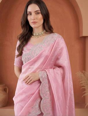Pink embroidered tissue saree 4