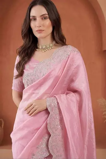 Pink embroidered tissue saree