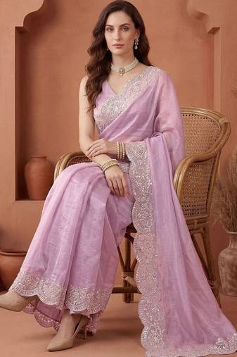 Lavender embroidered tissue saree