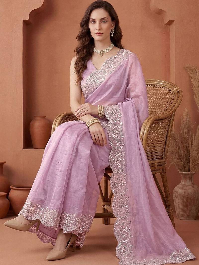 Lavender embroidered tissue saree