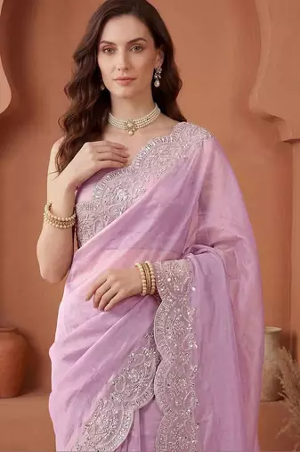 Lavender embroidered tissue saree