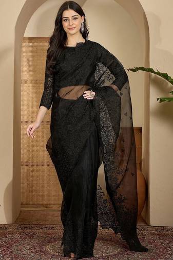 Black embroidered organza saree with blouse piece