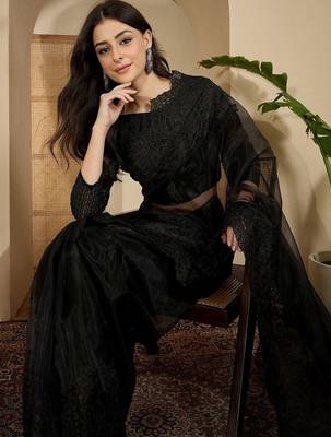 Black embroidered organza saree with blouse piece 2