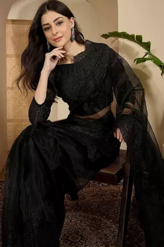 Black embroidered organza saree with blouse piece