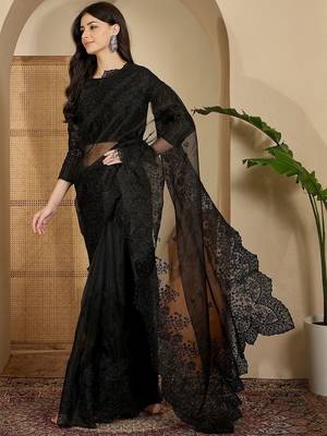 Black embroidered organza saree with blouse piece 3
