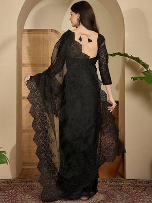 Black embroidered organza saree with blouse piece 4