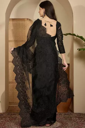 Black embroidered organza saree with blouse piece