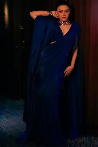 Navy blue poly georgette designer saree