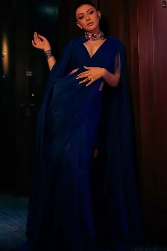Navy blue poly georgette designer saree