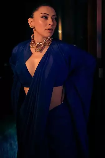 Navy blue poly georgette designer saree