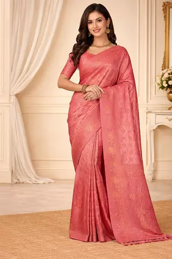 Peach woven design zari kanjeevaram saree
