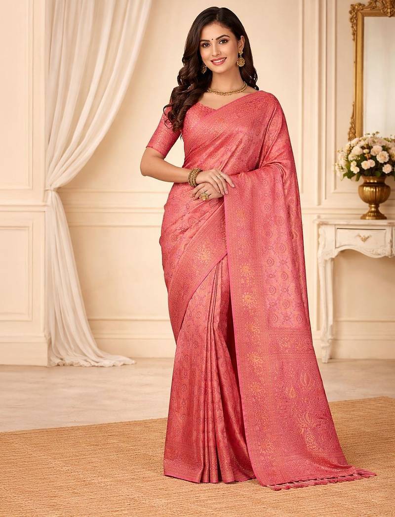 Peach woven design zari kanjeevaram saree