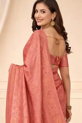Peach woven design zari kanjeevaram saree
