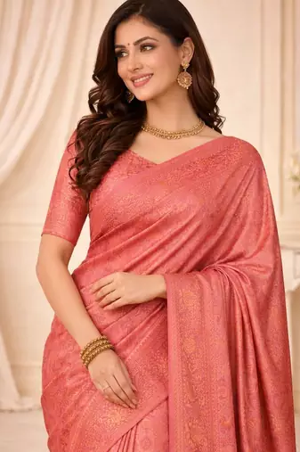 Peach woven design zari kanjeevaram saree