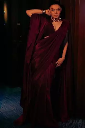 Maroon satin fusion saree