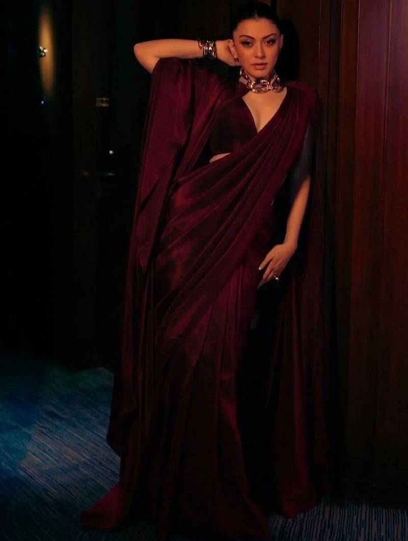 Maroon satin fusion saree