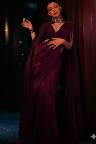 Maroon satin fusion saree