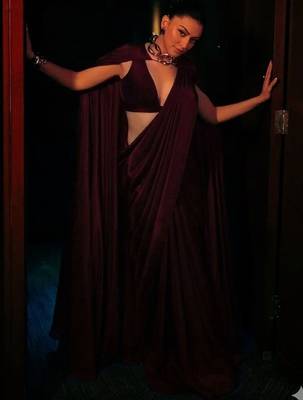 Maroon satin fusion saree 3