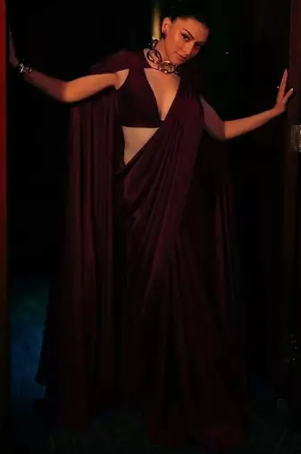 Maroon satin fusion saree