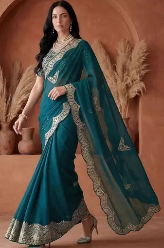 Teal embellished embroidered tissue heavy work fashion saree