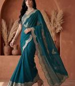 Teal embellished embroidered tissue heavy work fashion saree