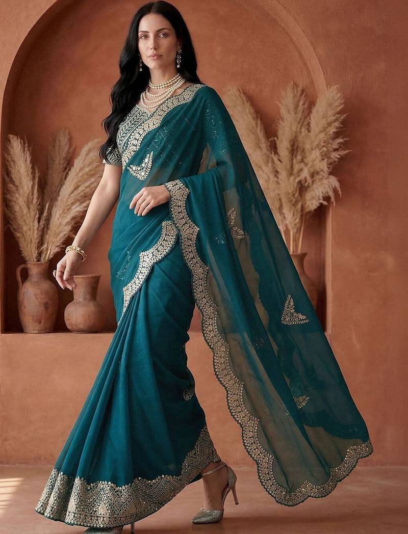 Teal embellished embroidered tissue heavy work fashion saree