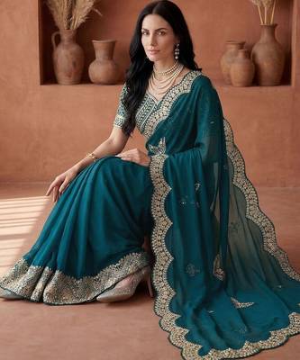 Teal embellished embroidered tissue heavy work fashion saree 2