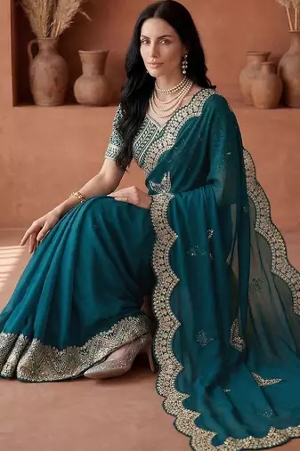 Teal embellished embroidered tissue heavy work fashion saree