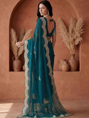 Teal embellished embroidered tissue heavy work fashion saree 3