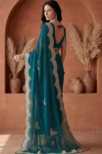 Teal embellished embroidered tissue heavy work fashion saree