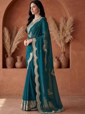 Teal embellished embroidered tissue heavy work fashion saree 4