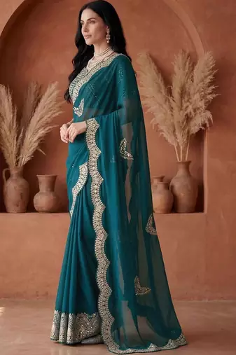 Teal embellished embroidered tissue heavy work fashion saree