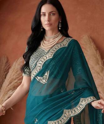 Teal embellished embroidered tissue heavy work fashion saree 5