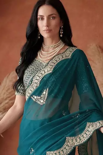 Teal embellished embroidered tissue heavy work fashion saree