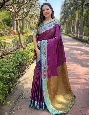 Violet woven design zari kanjeevaram saree 1