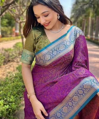 Violet woven design zari kanjeevaram saree 3