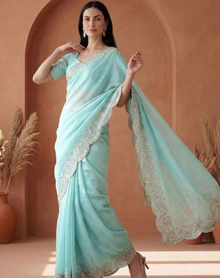 Turquoise embroidered tissue saree 1