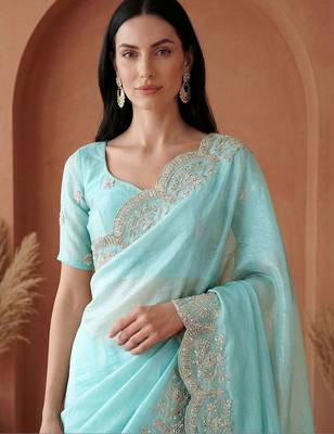 Turquoise embroidered tissue saree 2