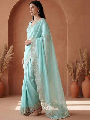 Turquoise embroidered tissue saree 3