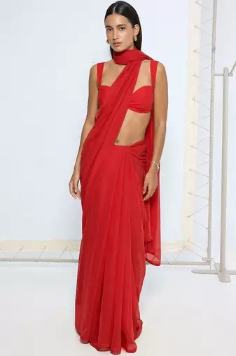 Red poly georgette saree