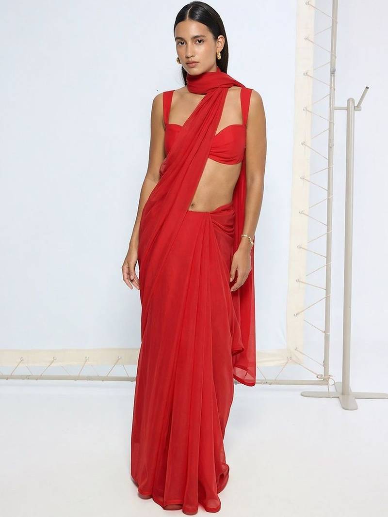 Red poly georgette saree