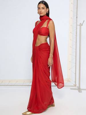Red poly georgette saree 2