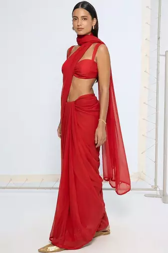 Red poly georgette saree