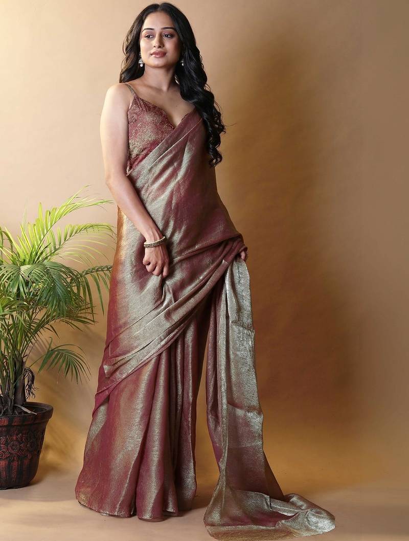 Coffee abstract woven design zari saree