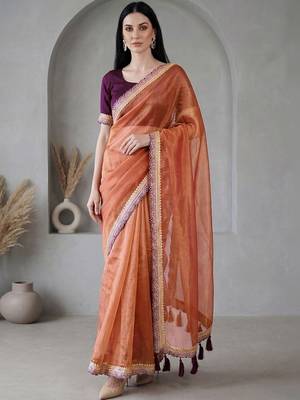 Orange  chiffon fusion saree 1
