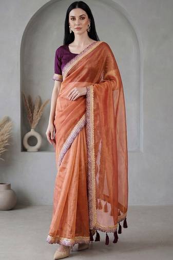 Orange  chiffon fusion saree
