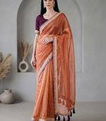 Orange  chiffon fusion saree
