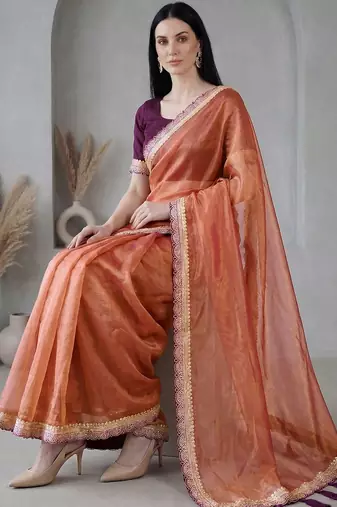 Orange  chiffon fusion saree