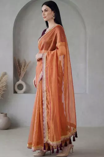 Orange  chiffon fusion saree